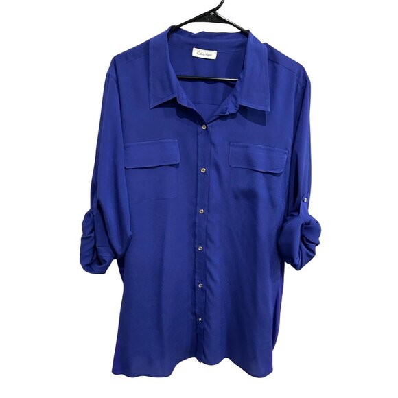 Calvin Klein Button-Up Royal Blue Shirt Rolled Sleeves Chest Pockets Sz Medium - Picture 1 of 8